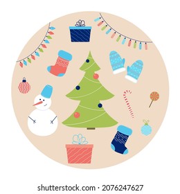 Christmas tree, garland, socks, snowman, balls, mittens, candy. Vector illustration