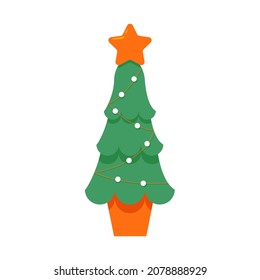 Christmas tree with garland and star isolated on white. For apps and websites. Flat icon.