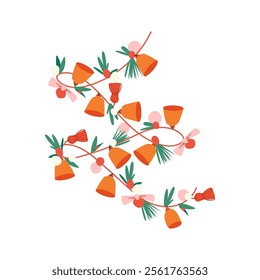 Christmas tree garland with tassel and bell isolated on white Background. Festive Colorful Christmas Lights String Decoration. Vector Graphic for Christmas Cards, Banners, Poster, Web