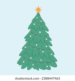 Christmas tree with garland and toys. Happy New Year and Merry Christmas. Vector illustration in flat style