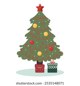 Christmas tree with garlands, balls and toys. Vector Christmas tree in flat style on white background.	

