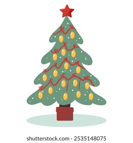 Christmas tree with garlands, balls and toys. Vector Christmas tree in flat style on white background.	
