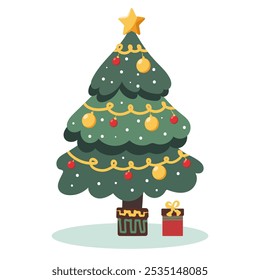 Christmas tree with garlands, balls and toys. Vector Christmas tree in flat style on white background.	
