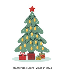 Christmas tree with garlands, balls and toys. Vector Christmas tree in flat style on white background.	
