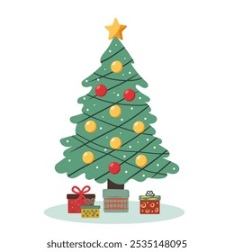 Christmas tree with garlands, balls and toys. Vector Christmas tree in flat style on white background.	

