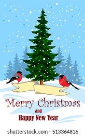 Christmas tree with garlands, banners and bullfinches