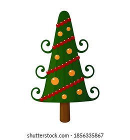 Árbol de Navidad con guirnaldas. Ilustración vectorial brillante para Año Nuevo y Navidad. Spruce, abeto. Picea.
