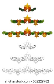 Christmas tree garlands decorated with ribbons, stars, bells and balls set. Abstract vector isolated illustration. Hand-drawn collection. Black and multicolored objects. Adult coloring book. Eps 8.