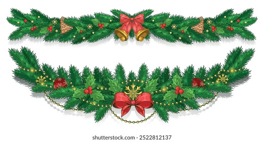 Christmas tree garlands emblem colorful with evergreen branches with red bows for xmas certificates design vector illustration