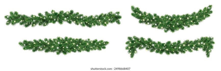 Christmas tree garlands on transparent background. Realistic pine-tree branches with glowing sparkling Christmas lights decoration. Vector border for holiday banners, party posters, cards, headers.