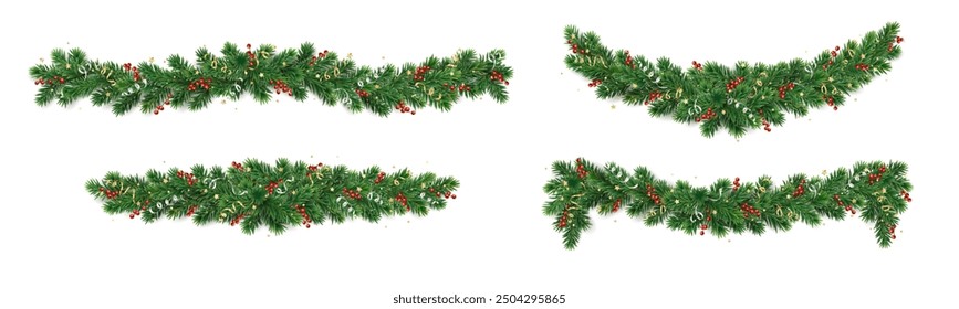 Christmas tree garlands on transparent background. Realistic pine-tree branches with holly berry and ribbons decoration. Vector border for holiday banners, party posters, cards, headers.