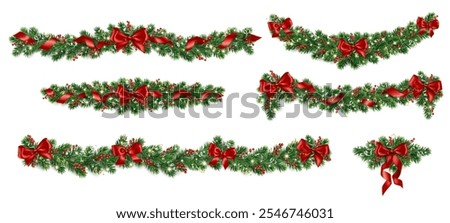 Christmas tree garlands. Realistic pine tree branches with red bows and ribbons. Decoration for holiday banners, party posters, cards, headers, social media. Transparent background in vector file.