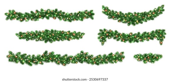 Christmas tree garlands. Realistic pine-tree branches with colorful red and green Christmas lights. Decoration for holiday banners, party posters, greeting cards, packaging, social media, merchandise.