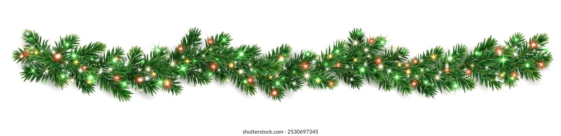 Christmas tree garlands. Realistic pine-tree branches with colorful red and green Christmas lights. Decoration for holiday banners, party posters, greeting cards, packaging, social media, merchandise.