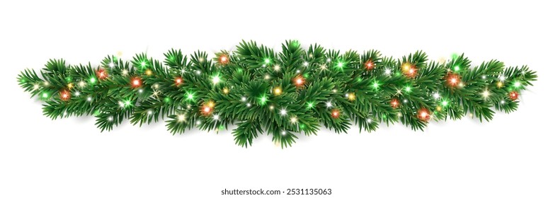 Christmas tree garlands. Realistic pine-tree branches with colorful red and green Christmas lights. Decoration for holiday banners, party posters, greeting cards, packaging, social media, merchandise.