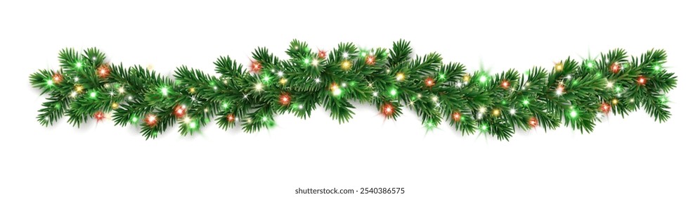 Christmas tree garlands. Realistic pine-tree branches with colorful red and green Christmas lights. Decoration for holiday banners, party posters, greeting cards, packaging, social media, merchandise.