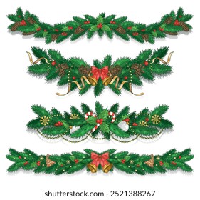 Conjunto de guirnaldas de árboles de Navidad emblemas coloridos con hermosas decoraciones de Año Nuevo hechas de abeto de hoja perenne y cintas multicolores Ilustración vectorial