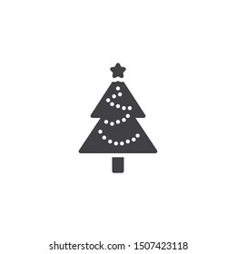 Christmas tree with garlands vector icon. filled flat sign for mobile concept and web design. xmas tree with star glyph icon. Symbol, logo illustration. Vector graphics