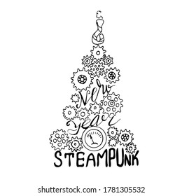 Christmas tree from gears and cogs. Christmas tree in steampunk style. Vector illustration in sketch style. A linear pattern. Coloring pages for children and adults.