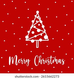 Christmas tree in geometric style for greeting card. Hand drawn Xmas tree with circles and lines on red background. Concept modern Christmas tree greeting card to send Merry Christmas wishes.