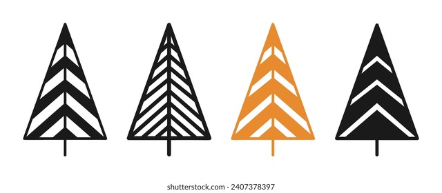 Christmas tree geometric symbol and doodle, stamp stylized set. New Year xmas traditional pine design for greeting card, invitation, banner, poster. Christmas trees abstract cartoon hand drawn vector