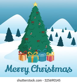 Christmas Tree With Gift Around A Tree In Snow Island