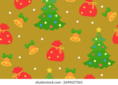 Christmas tree, gift bag and jingle bell on yellow background. Seamless pattern under clipping mask, convenient for editing. Festive background for paper, cover, textile, gift wrap.