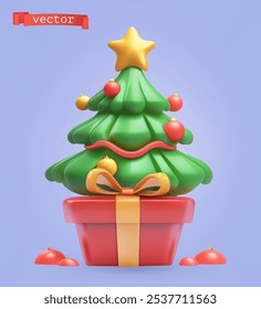 Christmas tree and gift box 3d vector icon