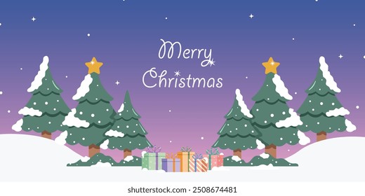Árvore de Natal e banner da caixa de presente. Feliz Natal e Feliz Ano Novo banner, cartão de felicitações, cartaz, capa de feriado.