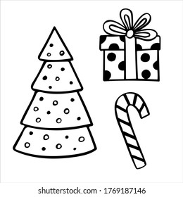 Christmas tree and gift box and candy stick, set of simple hand drawn vector illustrations in black and white doodle style 