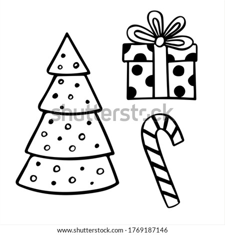 Christmas tree and gift box and candy stick, set of simple hand drawn vector illustrations in black and white doodle style 