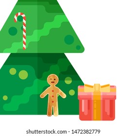 Christmas tree with gift box card in creative flat style. Vector illustration for web, print, holiday design