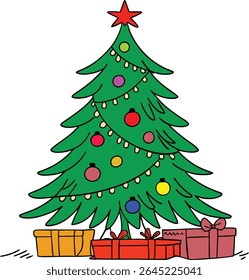 Christmas tree with gift box colorful vector illustration clipart design. Decorated cartoon pine with star, baubles, and presents. Festive winter holiday celebration graphic for New Year