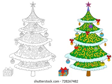 Christmas tree with gift box coloring book isolated on white. Vector stock illustration of tree and colored example.