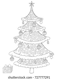 Christmas tree with gift box doodle coloring book. Vector stock illustration decorated tree with balls, star and cones.