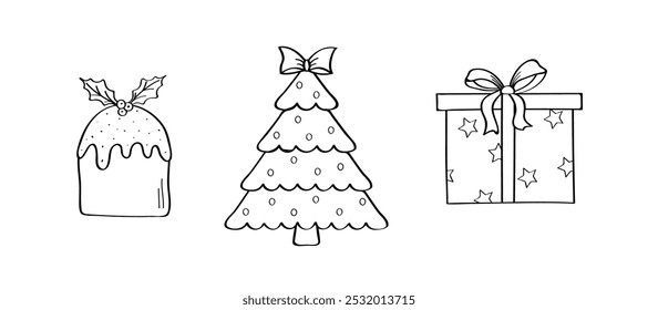 Christmas tree, gift box and festive cake. Vector illustration of doodle icons.