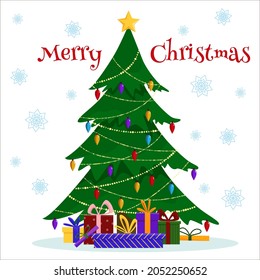 Christmas tree with gift box and garlands. Marry Christmas card. Vector illustration