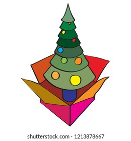 Christmas tree in a gift box, hand drawn illustration isolated on white
