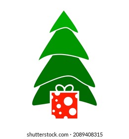 Christmas tree with gift box icon, color isolated on white background, vector illustration.