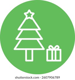 Christmas tree with gift box icon on green circular background