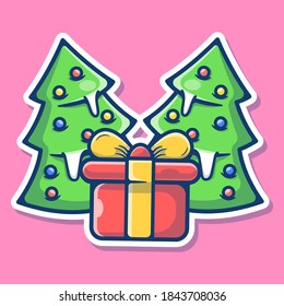 Weihnachtsbaum mit Geschenkbox. Fröhliches Weihnachtskonzept. Flach Cartoon Style geeignet für Aufkleber, Tapete, Icon, etc.