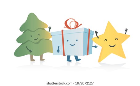 Christmas tree, gift box and new year golden star celebrating together. Cartoon style vector illustration.

