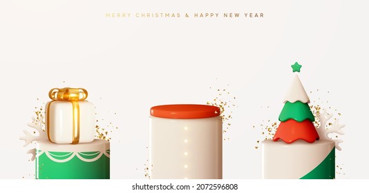Christmas tree and gift box on round studio podium strewn with gold glitter confetti. Realistic festive 3d design. Merry Christmas and happy new year. Holiday Xmas background. Vector illustration