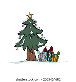 Árbol de Navidad, caja de regalo sobre fondo blanco. Dibujado a mano. Antecedentes del Día de la Navidad. Ilustración vectorial.