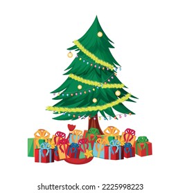Árbol de Navidad con caja de regalo sobre fondo blanco.