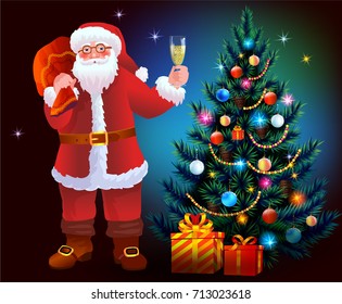 Christmas tree and gift box. Santa Claus wishes a Happy New Year and Merry Christmas and drink champagne. Vector illustration.