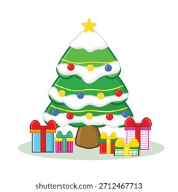 Árvore de Natal. Árvore de Natal com caixa de presente e vetor de neve desenho animado ilustração