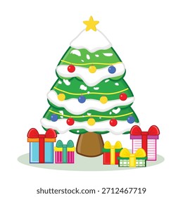 Árbol de navidad. árbol de navidad con caja de regalo e ilustración de dibujos animados de Vector de nieve