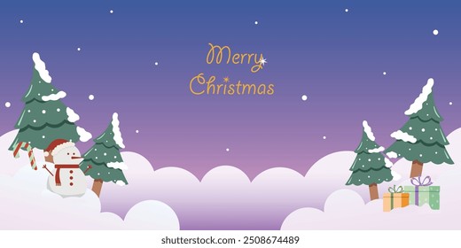 Árvore de Natal, caixa de presente e bandeira do boneco de neve. Feliz Natal e Feliz Ano Novo banner, cartão de felicitações, cartaz, capa de feriado.