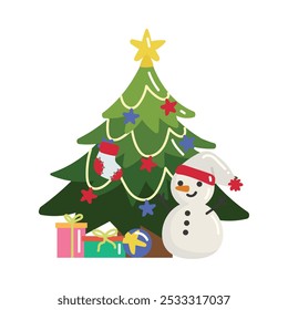 Christmas Tree With Gift Box And Snowman Vector - 02